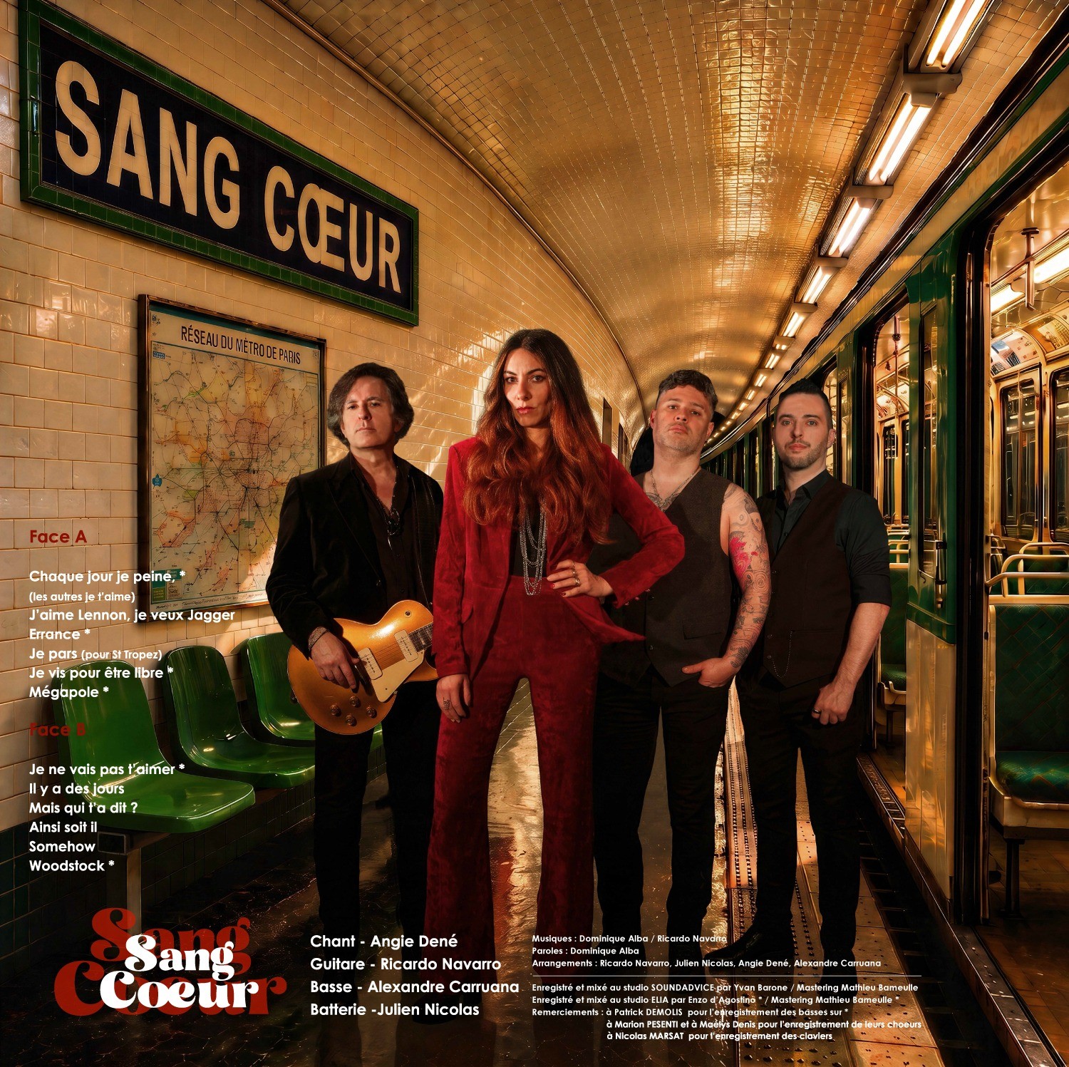 Verso de la pochette : le groupe Sang Cœur dans le métro, avec la tracklist et les crédits